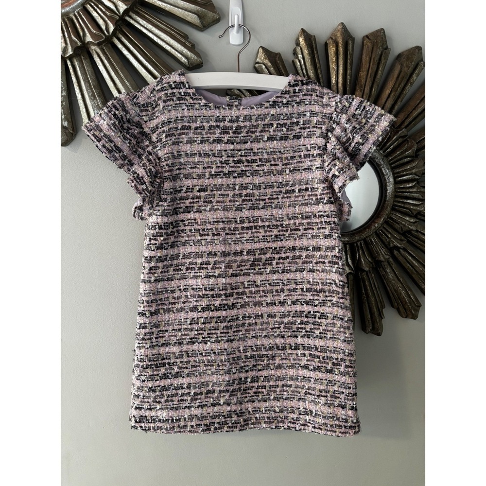 Janie and Jack Girls Bouclé Tweed Shift Dress Pink Black Gold Ruffle Sleeve Sz 5